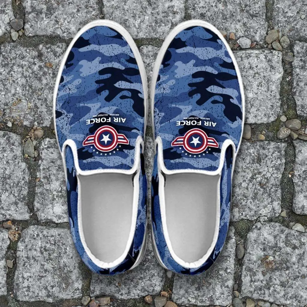 Air Force Wings on Blue Camo Print Slip-on Sneakers