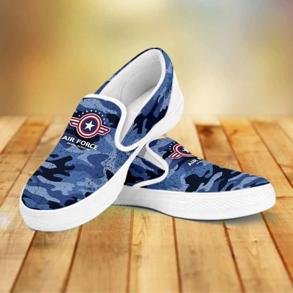 Air Force Wings on Blue Camo Print Slip-on Sneakers