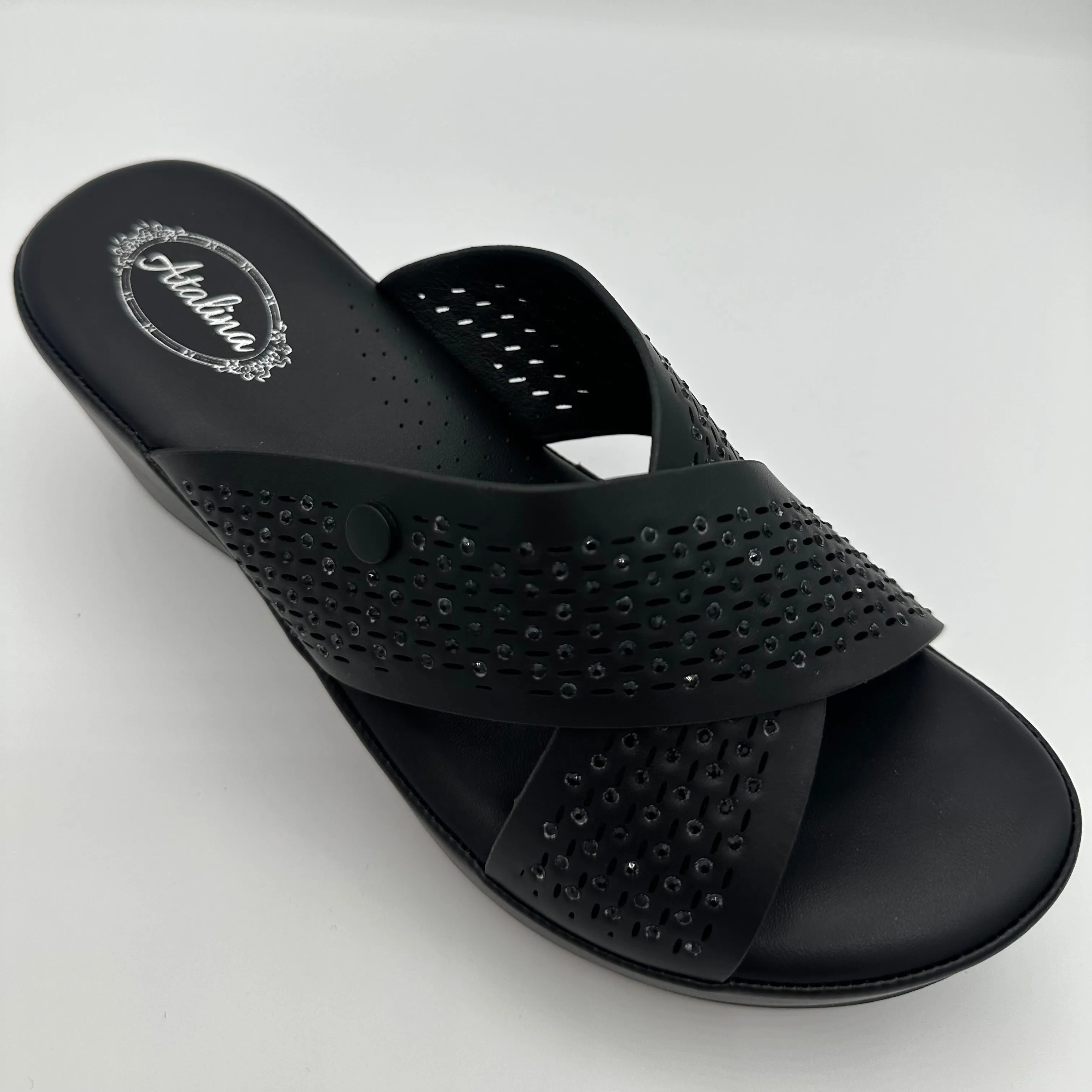 Black Crystal Decorated Strap Wedge Sandals