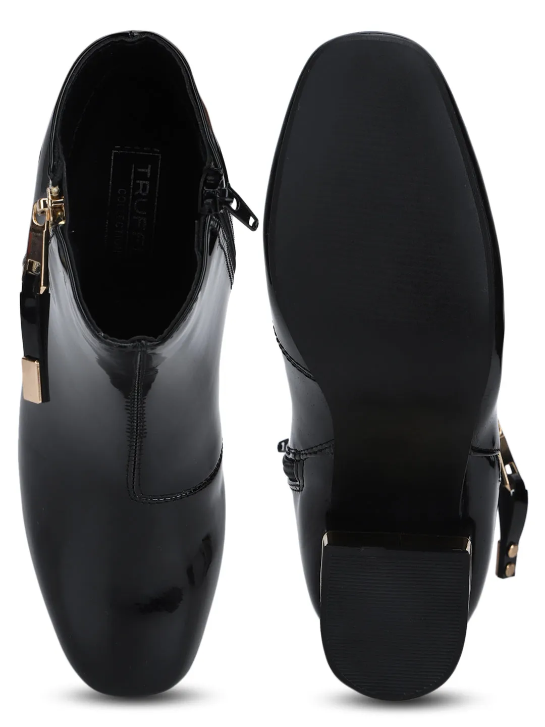 Black Patent Golden Heel Side Zipper Ankle Boots