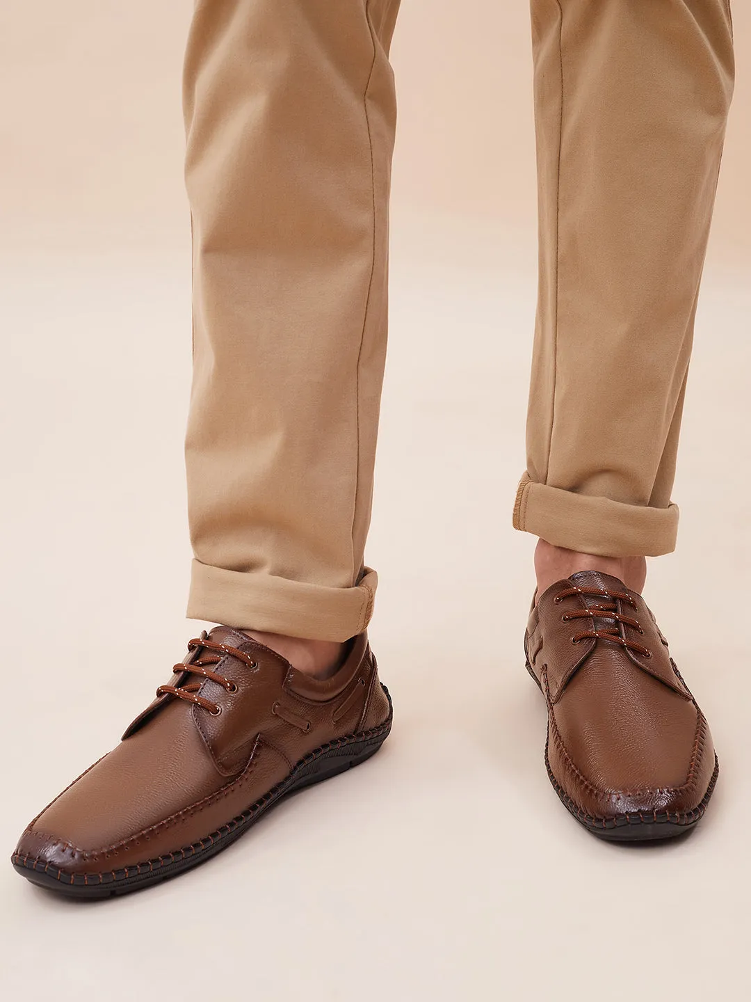 HITZ103 Men's Tan Leather Casual Lace-Up Shoes