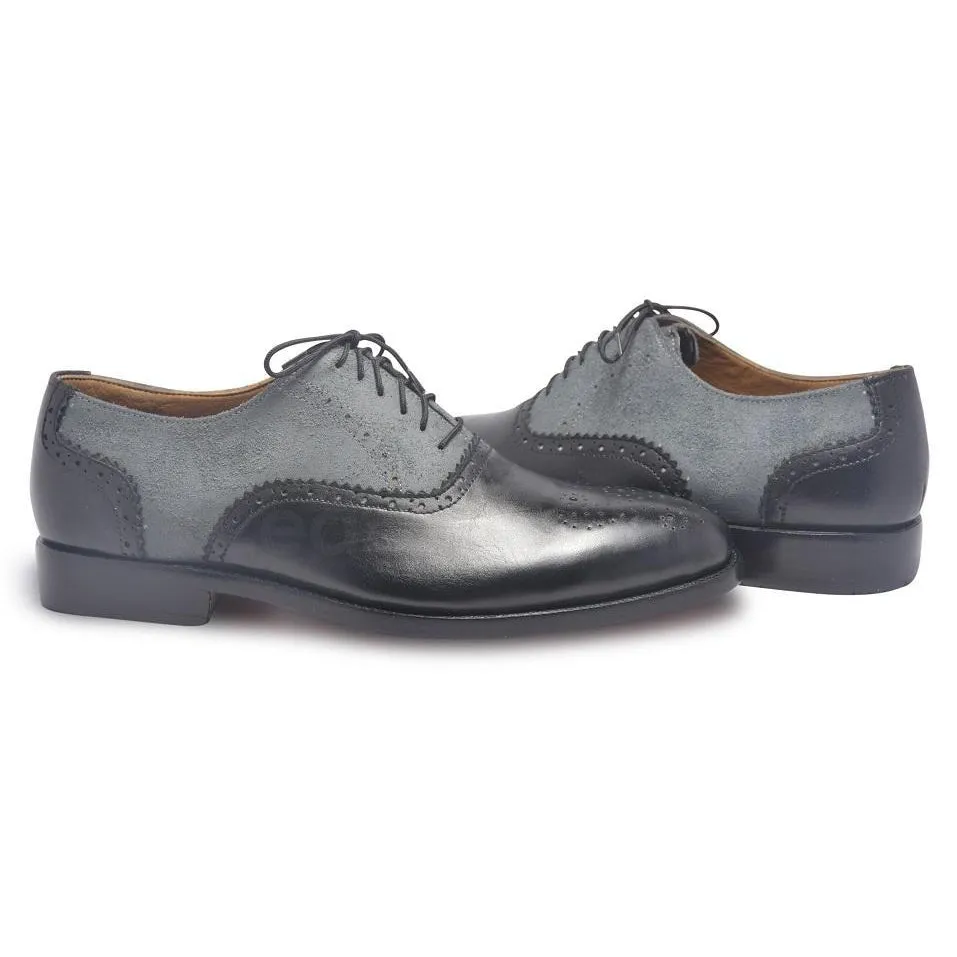 Men Black Gray Brogue Two Tone Genuine & Suede Leather Shoes