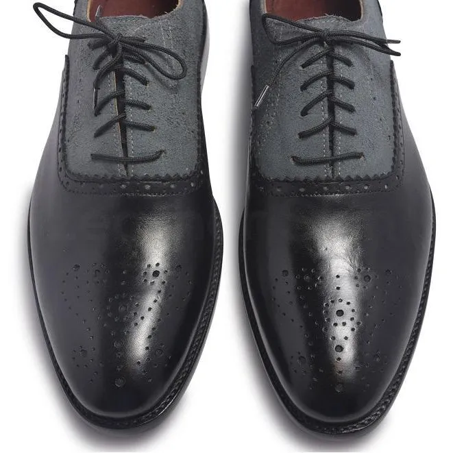 Men Black Gray Brogue Two Tone Genuine & Suede Leather Shoes