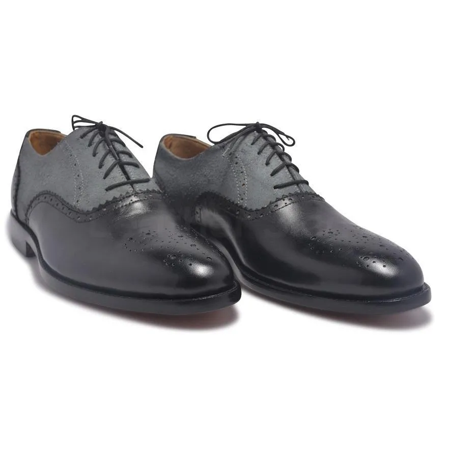 Men Black Gray Brogue Two Tone Genuine & Suede Leather Shoes