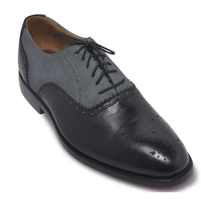 Men Black Gray Brogue Two Tone Genuine & Suede Leather Shoes
