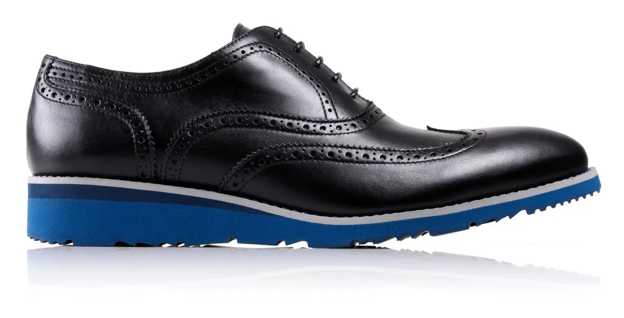 Men's Black & Grey Accented Brogue Wingtip on Blue Wedge Sole EX-29