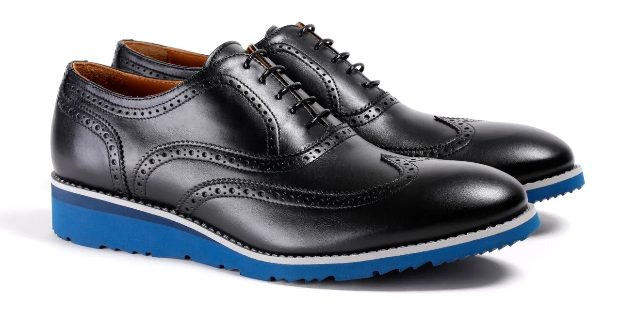 Men's Black & Grey Accented Brogue Wingtip on Blue Wedge Sole EX-29