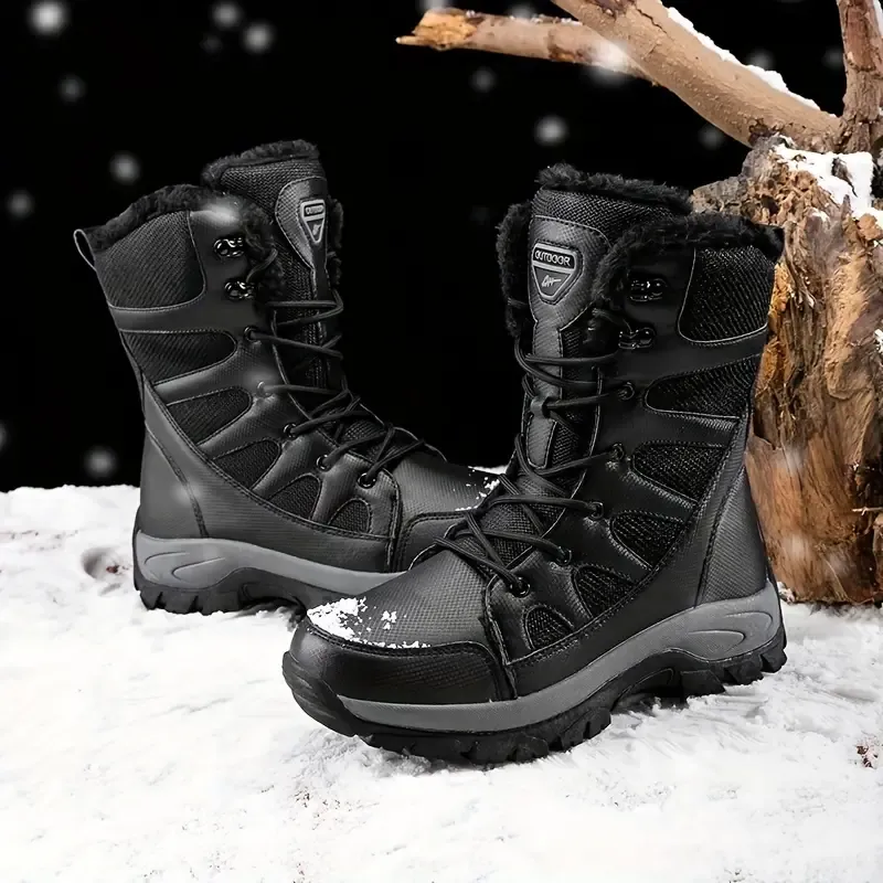 Men's Mid Calf Snow Boots, Winter Thermal Shoes, Windproof Hiking Boots With Fuzzy Lining