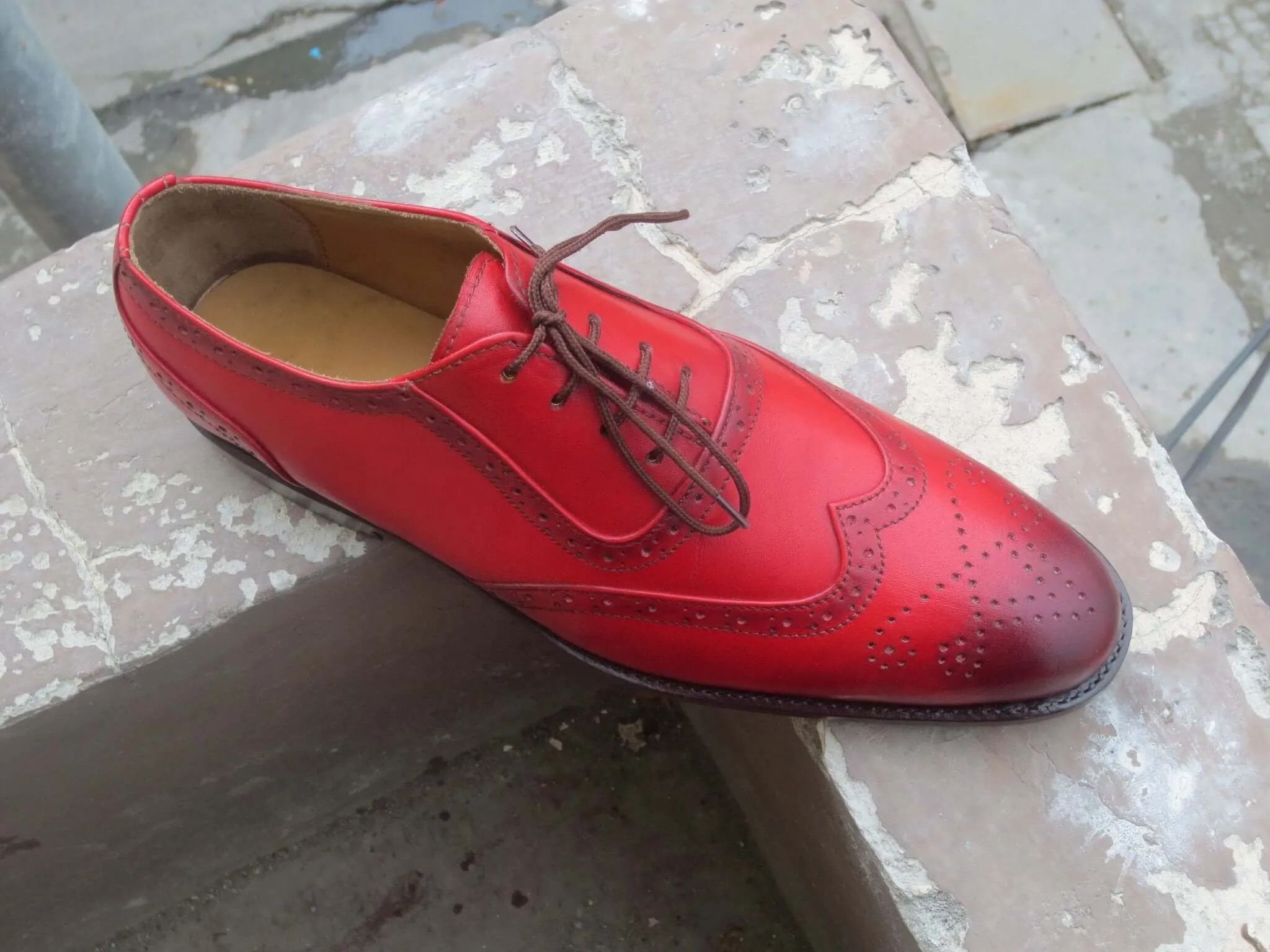 Stylish Handmade Men's Red Leather Wing Tip Brogue Lace Up Shoes, Men Dress Formal Shoes