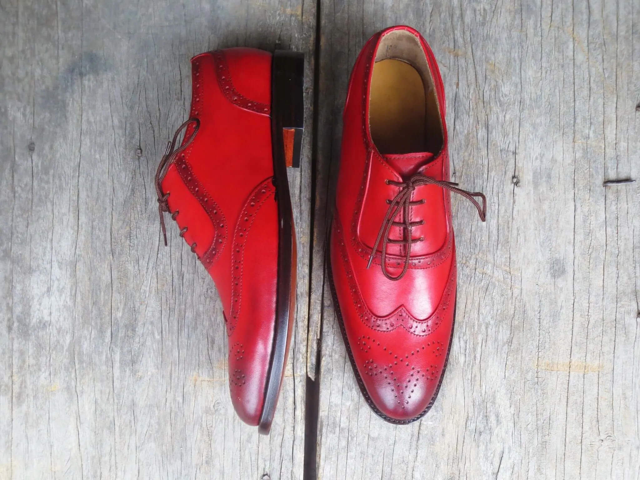 Stylish Handmade Men's Red Leather Wing Tip Brogue Lace Up Shoes, Men Dress Formal Shoes
