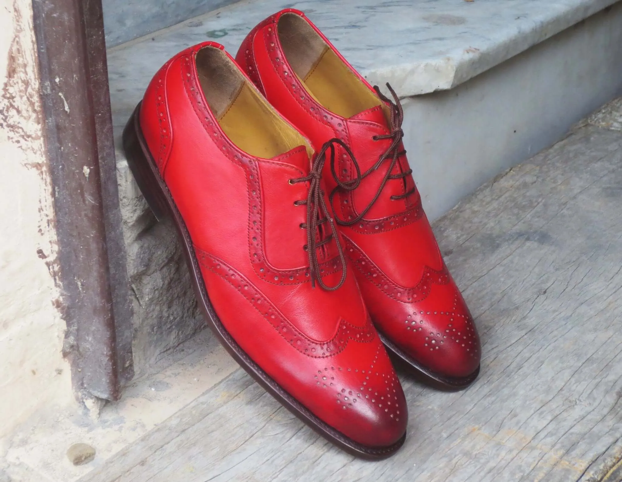 Stylish Handmade Men's Red Leather Wing Tip Brogue Lace Up Shoes, Men Dress Formal Shoes